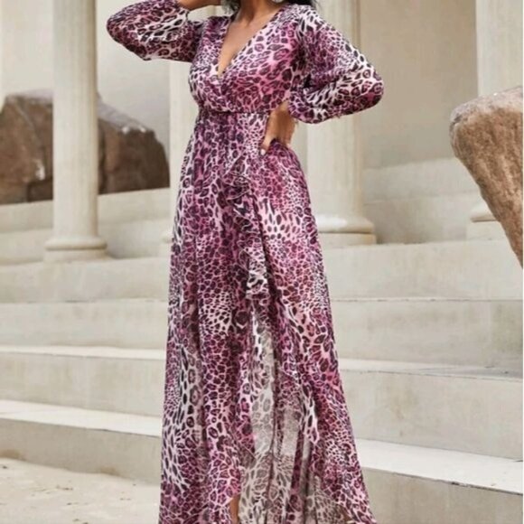 PURPLE LEOPARD BOHEMIAN, WRAP SPECIAL EVENT MAXI DRESS - Picture 6 of 8